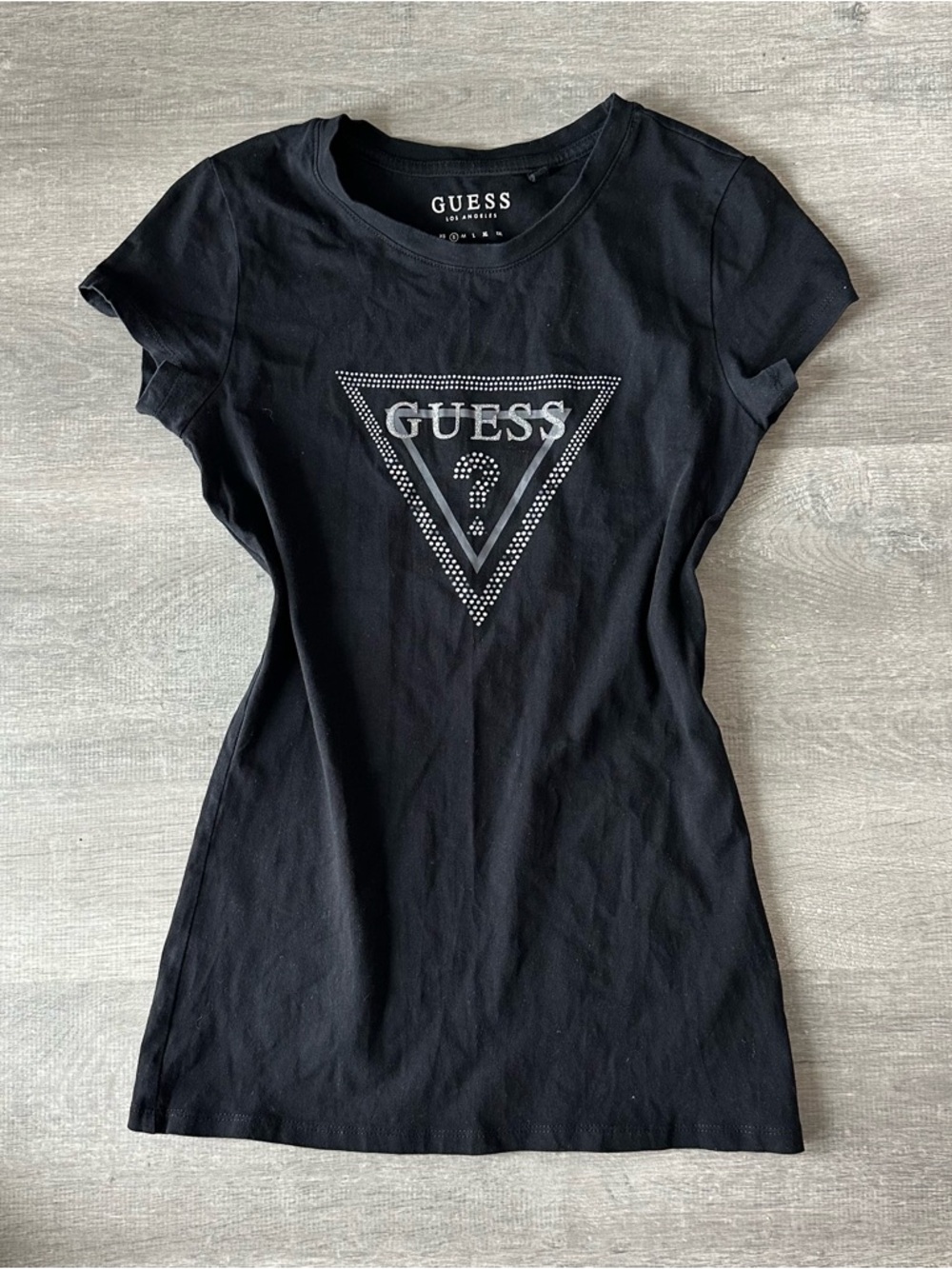 GUESS Black Short-Sleeve Logo Tee with Studded Triangle